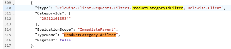 Locate the category ID filter details in the request