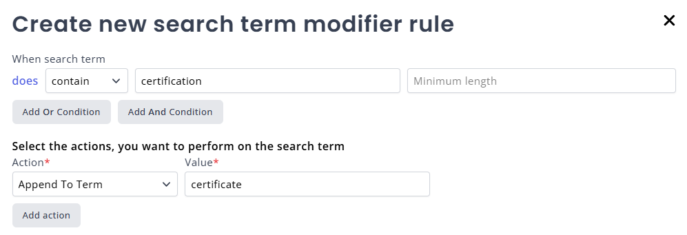 Search term modifier append to term action